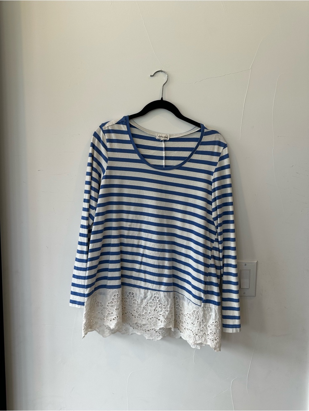 Anthropologie Blue and White Striped Lace Hem Blouse